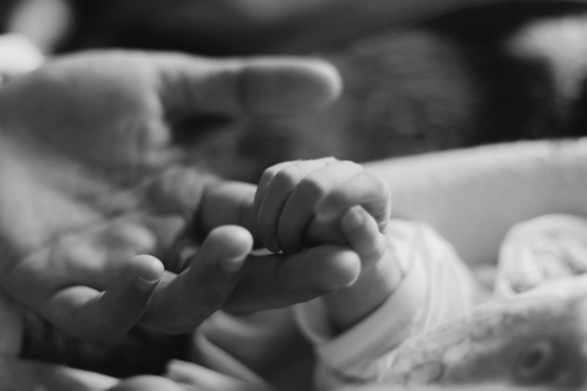 Black-and-white photo of a newborn's hand gripping an adult's finger